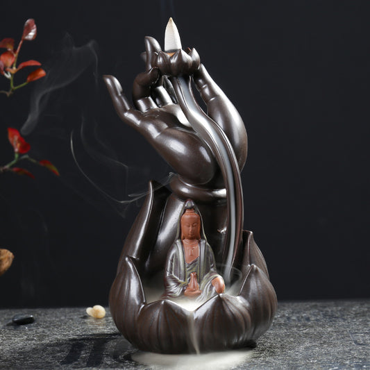 Quemador de Incienso Retroceso Loto Bergamota con Figuritas Cerámica Guanyin Buda - Image 2