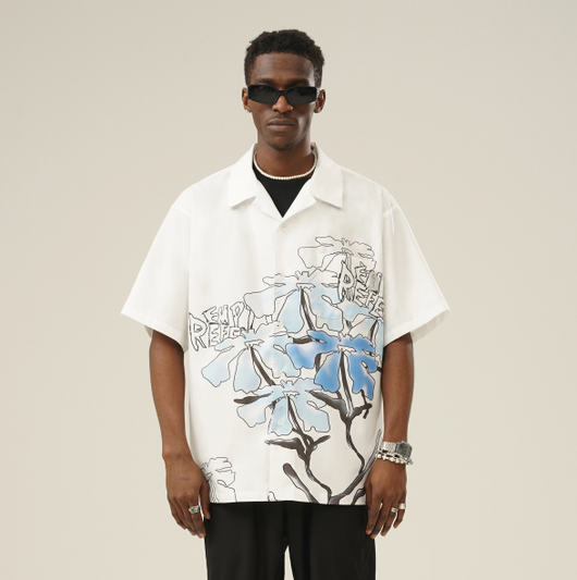 Playera Holgada Unisex Estampado Flores con Líneas - Diseño Trendy para Parejas
