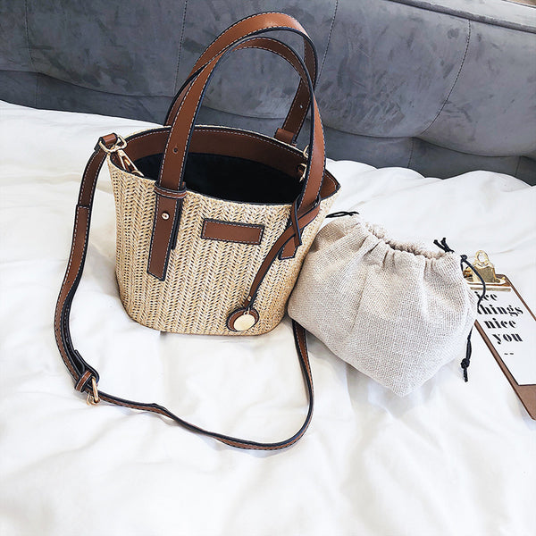 Bolsa Tipo Bucket de Paja Tejida con Contraste de Colores - Estilo Occidental para Verano