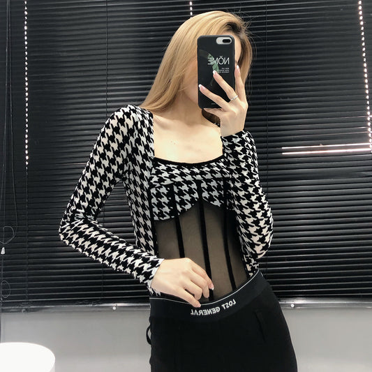 Bodysuit Transparente con Costuras Espina de Pez para Mujer