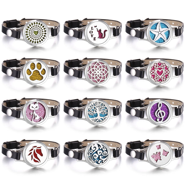 Pulsera Aromaterapia Acero Inoxidable Doble Capa con Correa de Cuero