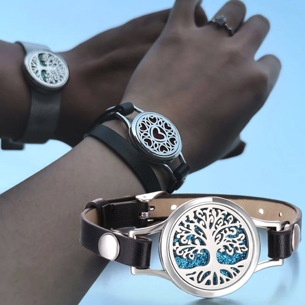 Pulsera Aromaterapia Acero Inoxidable Doble Capa con Correa de Cuero