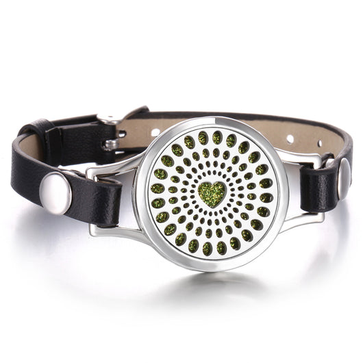 Pulsera Aromaterapia Acero Inoxidable Doble Capa con Correa de Cuero - Image 5