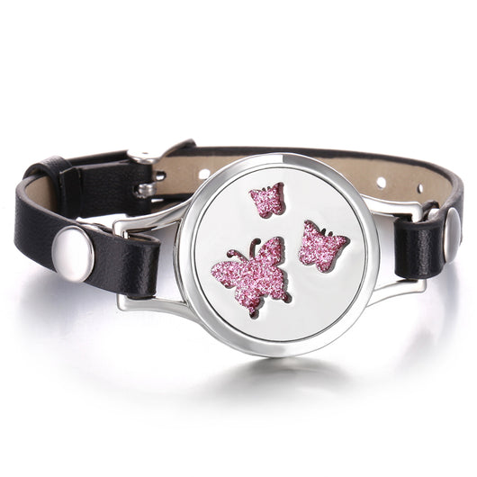 Pulsera Aromaterapia Acero Inoxidable Doble Capa con Correa de Cuero - Image 9