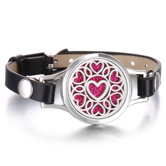 Pulsera Aromaterapia Acero Inoxidable Doble Capa con Correa de Cuero - Image 11