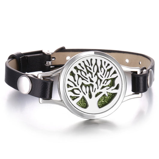 Pulsera Aromaterapia Acero Inoxidable Doble Capa con Correa de Cuero - Image 44