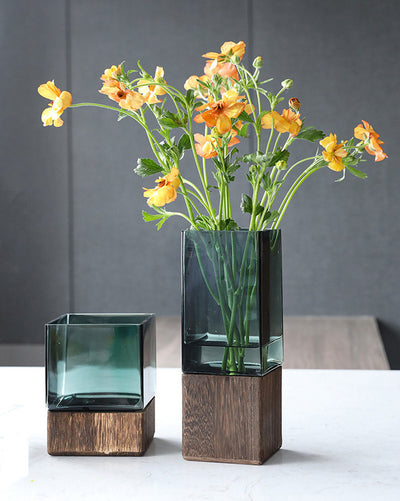 Jarrón de Cristal Transparente con Base de Madera - Arreglo Floral Moderno - Image 12