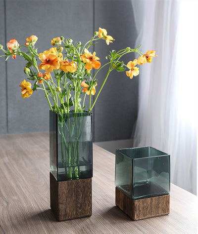 Jarrón de Cristal Transparente con Base de Madera - Arreglo Floral Moderno - Image 13