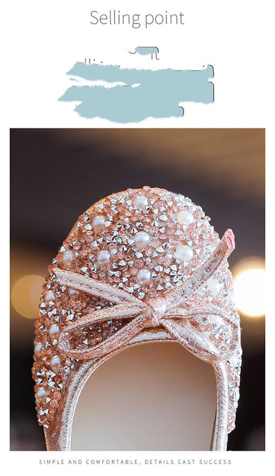 Silver glitter princess shoes for girls with rhinestone and pearl embellishments, a pearl-decorated strap, and a small heel. - Image 9