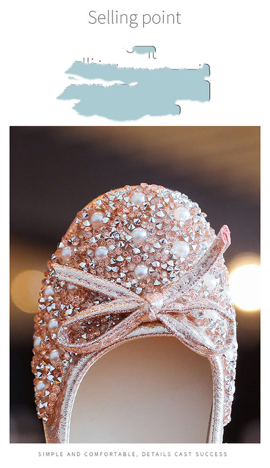 Silver glitter princess shoes for girls with rhinestone and pearl embellishments, a pearl-decorated strap, and a small heel. - Image 5