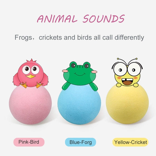 Light yellow interactive cat toy ball with a cricket sound feature, shown next to its yellow packaging. - Image 16