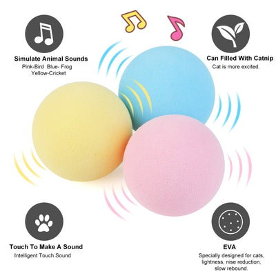 Light yellow interactive cat toy ball with a cricket sound feature, shown next to its yellow packaging. - Image 8