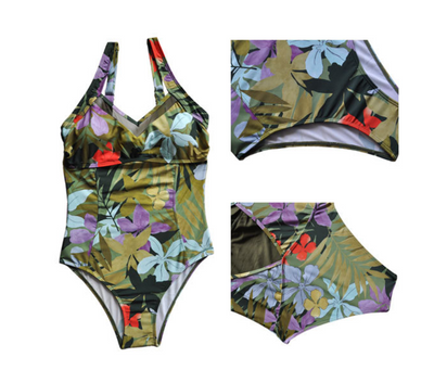 Women's tropical print one-piece swimsuit with green, purple, and blue leaves, featuring a mesh V-neck and wide straps. - Image 8