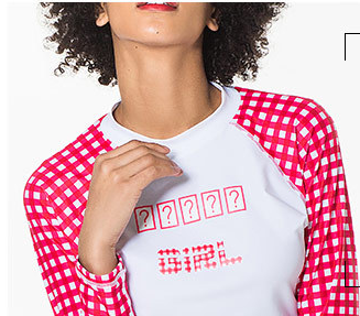 Woman wearing a red and white gingham long-sleeve rash guard top with matching bikini bottoms. - Image 13
