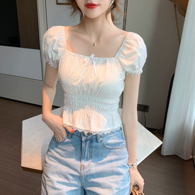 Blusa Chifón Cuello Cuadrado con Encaje Blanco Francés - Image 9