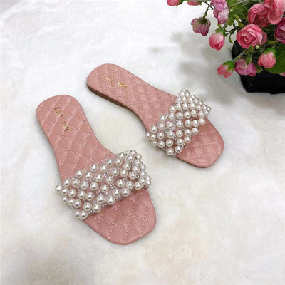 Sandalias Planas de Verano con Diamantes de Perla para Mujer
