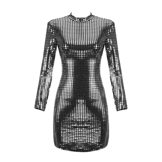Vestido Largo de Lentejuelas Plateadas con Manga Larga - Image 3