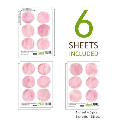 Six sheets of pink watercolor dot wall stickers, each with six circular decals, totaling 36 pieces for children's rooms.