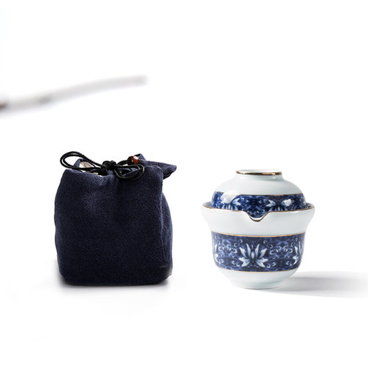 Juego de Té Portátil de Porcelana Azul y Blanco - Tetera Kung Fu Chino con Tazas