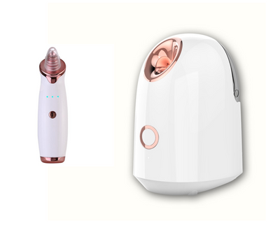 White and rose gold steam facial sprayer emitting warm mist, shown on a light wooden table. - Image 6