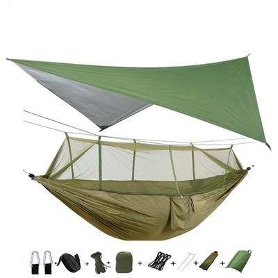 Hamaca Camping Doble con Red Antimosquitos - Paracaídas Portátil Verde Militar - Image 3