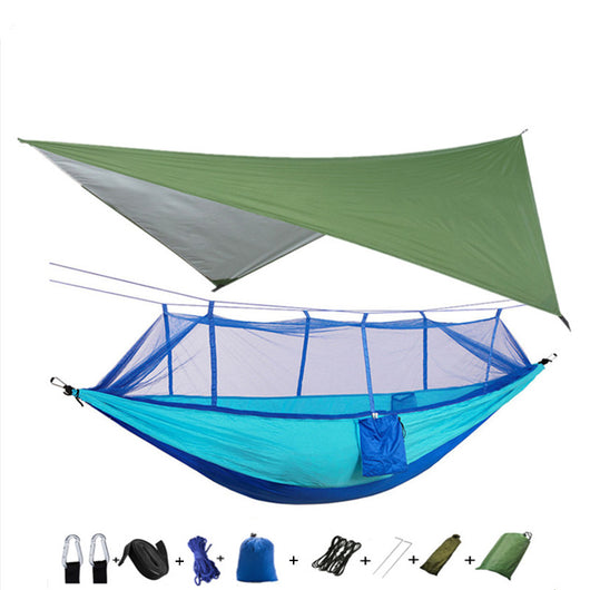 Hamaca Camping Doble con Red Antimosquitos - Paracaídas Portátil Verde Militar - Image 5