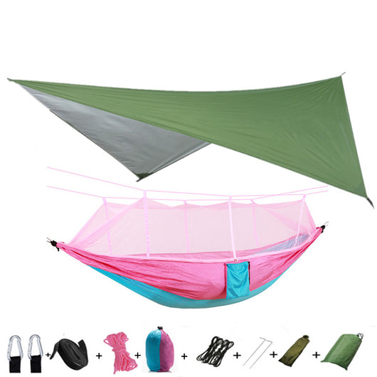 Hamaca Camping Doble con Red Antimosquitos - Paracaídas Portátil Verde Militar - Image 6