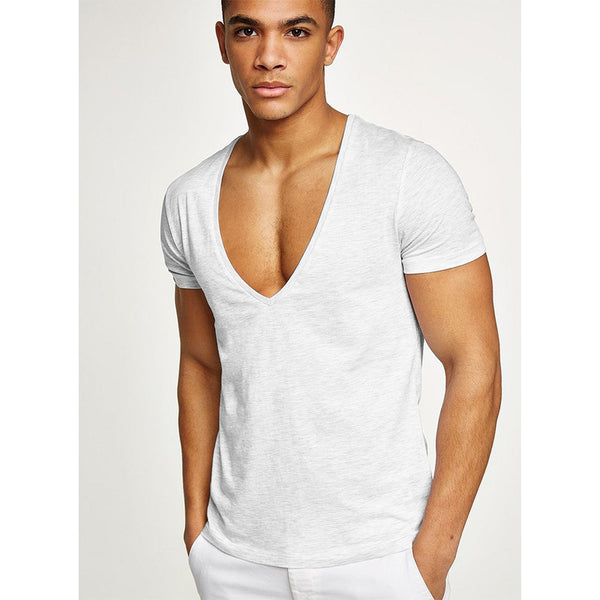 Camiseta Cuello V Profundo Manga Corta Slim Fit para Hombre - Streetwear Casual Gym
