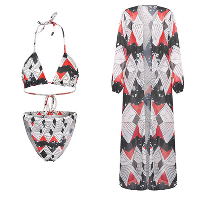 Red, white, and blue geometric print bikini with a triangle top and high-waisted, high-cut bottom. - Image 3
