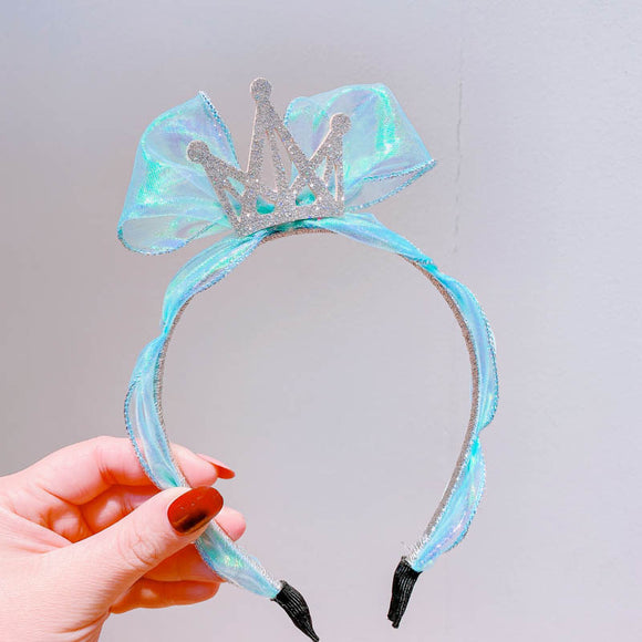 Diadema Infantil Princesa Sirena con Corona de Diamantes y Lazo de Tul Brillante