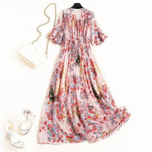 Vestido de Gasa con Bordado de Diamantes y Mangas Loto Verano
