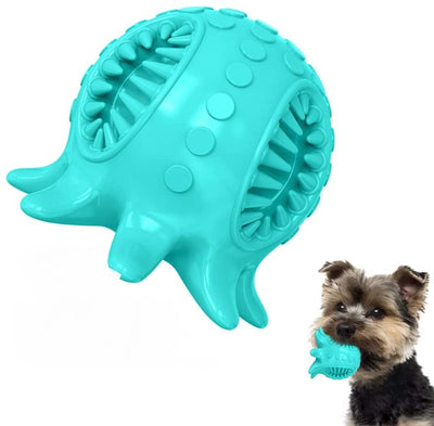 Bright yellow octopus-shaped dog toy with textured nubs and internal spikes for teeth cleaning.