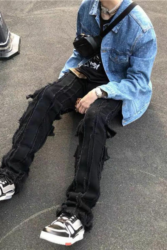 Vintage Wash Distressed Hip-Hop Jeans with Fringes