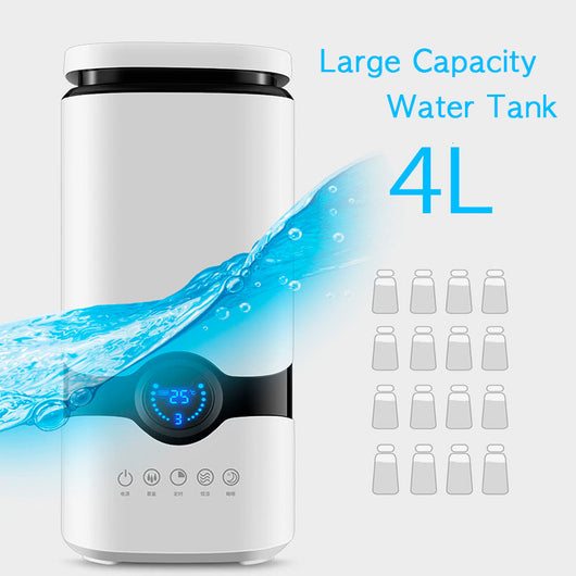 White smart humidifier with a black band and blue digital display showing 25 degrees, on a wooden surface. - Image 14