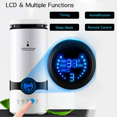White smart humidifier with a black band and blue digital display showing 25 degrees, on a wooden surface. - Image 15