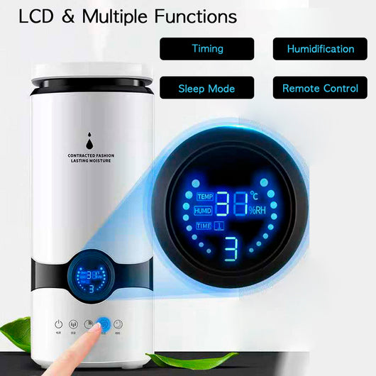 White smart humidifier with a black band and blue digital display showing 25 degrees, on a wooden surface. - Image 15