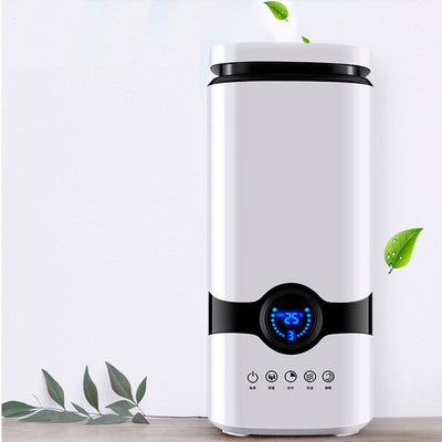 White smart humidifier with a black band and blue digital display showing 25 degrees, on a wooden surface. - Image 12