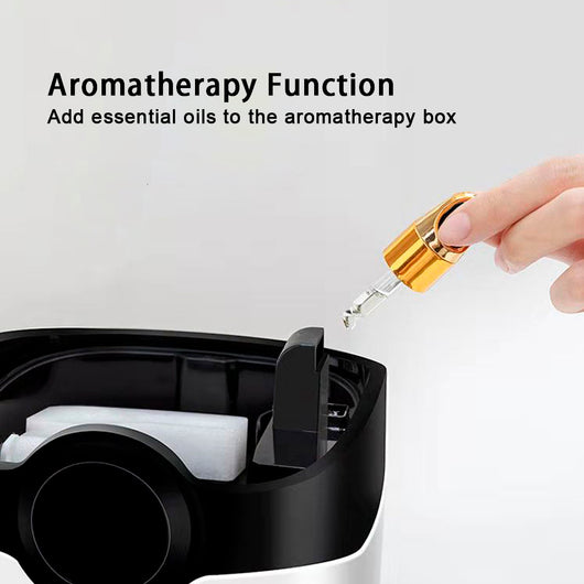 White smart humidifier with a black band and blue digital display showing 25 degrees, on a wooden surface. - Image 3