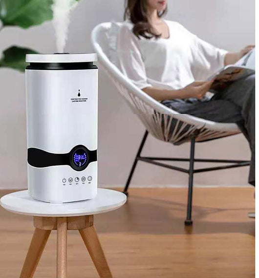 White smart humidifier with a black band and blue digital display showing 25 degrees, on a wooden surface. - Image 5