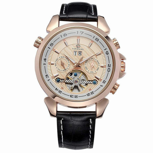 Reloj Automático de Lujo con Calendario Completo y Tourbillon en Cuero Genuino