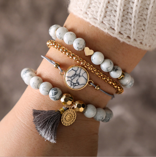 Pulsera de Piedra Pine Geométrica Hueca con Flecos - Juego de 4 Piezas - Image 12