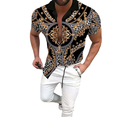men's short-sleeved collared shirt, shirt, black, gold, white, casual, fashion - Image 3