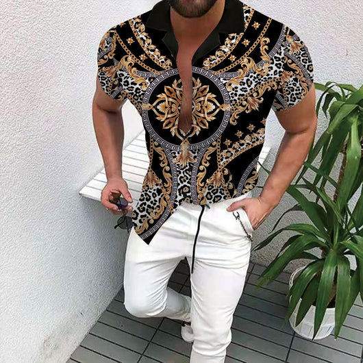 men's short-sleeved collared shirt, shirt, black, gold, white, casual, fashion - Image 6