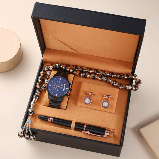 Estuche de Regalo Premium: Reloj Resistente al Agua, Rosario, Gemelos y Bolígrafo