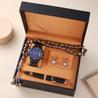 Estuche de Regalo Premium: Reloj Resistente al Agua, Rosario, Gemelos y Bolígrafo