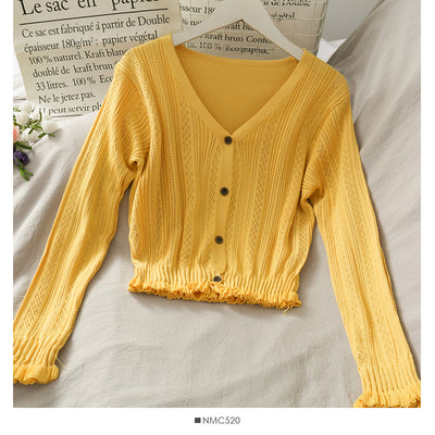 Cardigan Largo de Botones Simples con Orilla de Madera