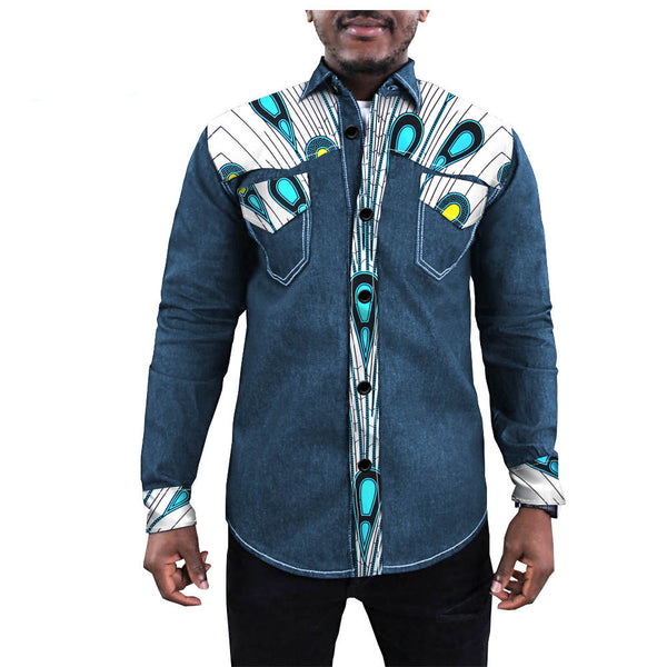 Chaqueta Denim Batik con Estampado Étnico Africano para Hombre - Image 7