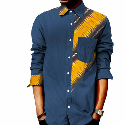 Camiseta Denim de Manga Larga con Estampado Africano Batik para Hombre - Image 9