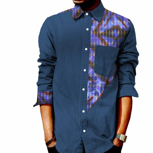 Camiseta Denim de Manga Larga con Estampado Africano Batik para Hombre - Image 3