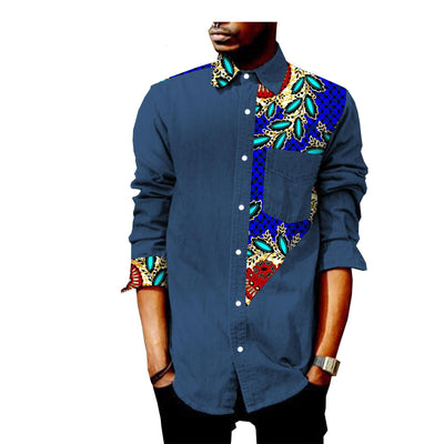 Camiseta Denim de Manga Larga con Estampado Africano Batik para Hombre - Image 6
